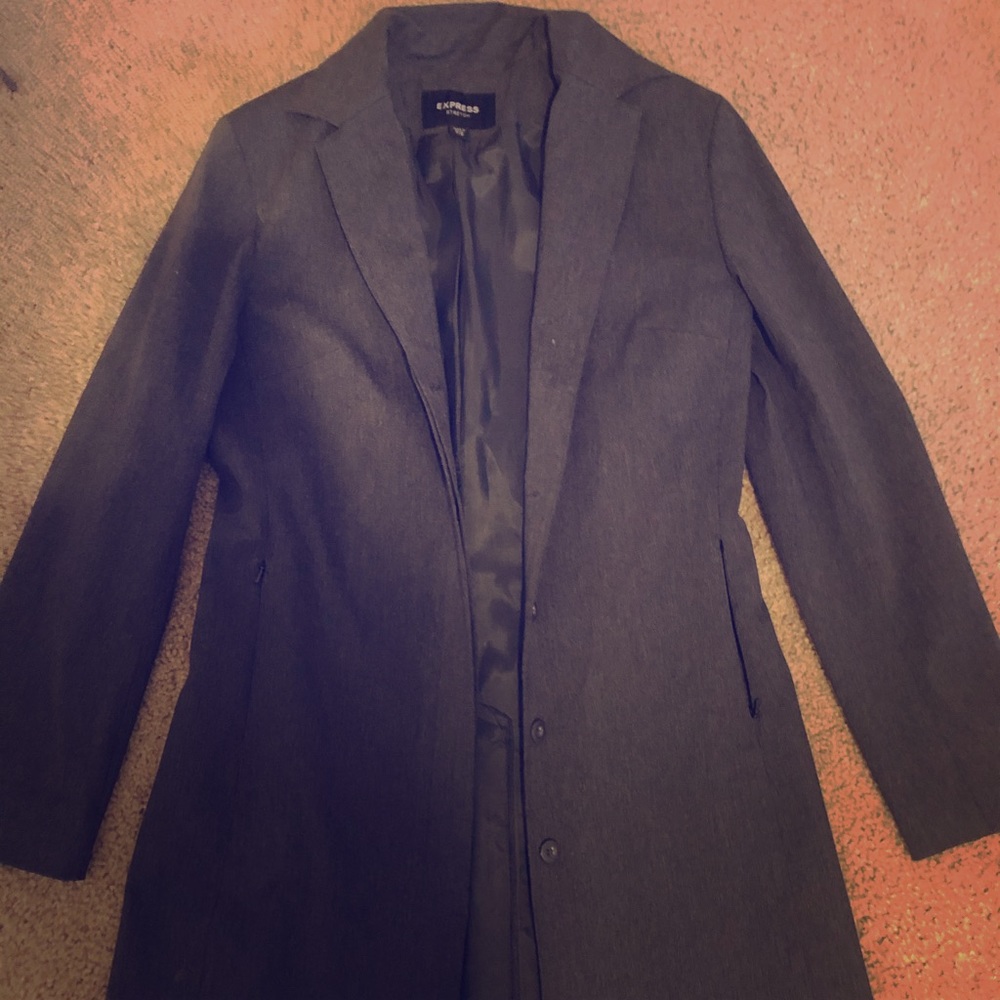 Dark grey blazer/trench coat that stretches